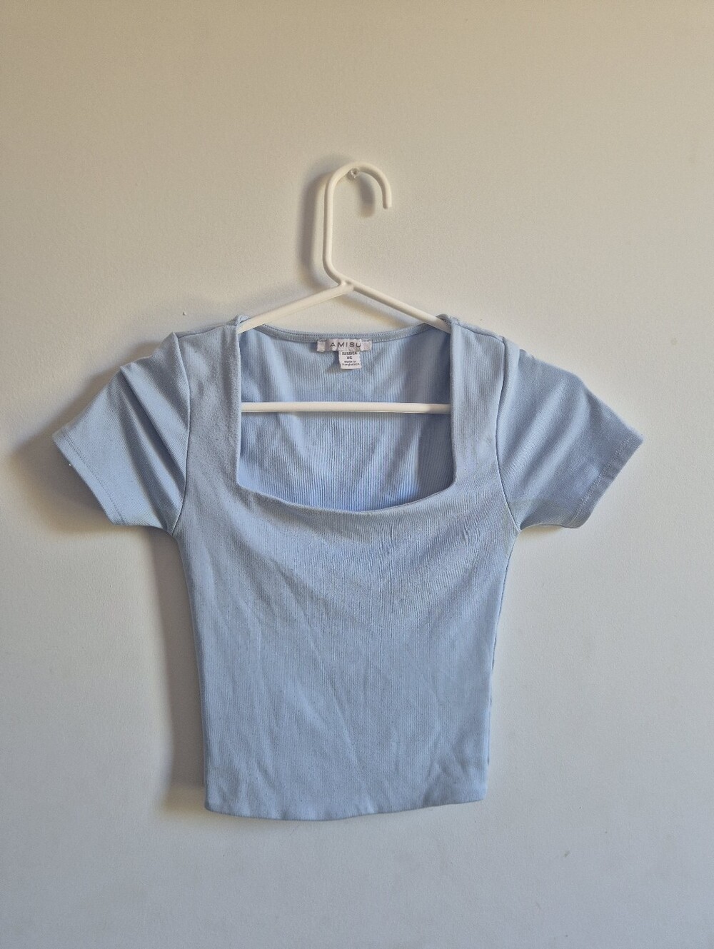 Light Blue Square Neck Ribbed Short Sleeve Top